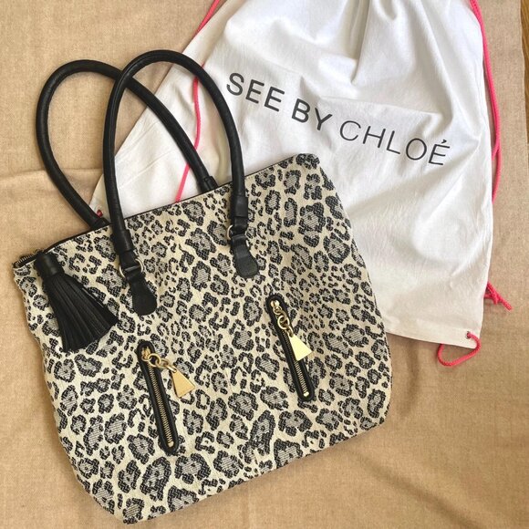 See By Chloe Leopard purse shoulder bag in beige/black canvas & black leather - Picture 1 of 16